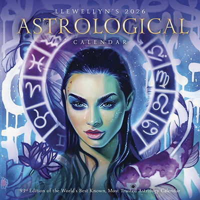 Llewellyn astrology calendar 2026 cover showing mystical woman with zodiac wheel and purple blue celestial artwork