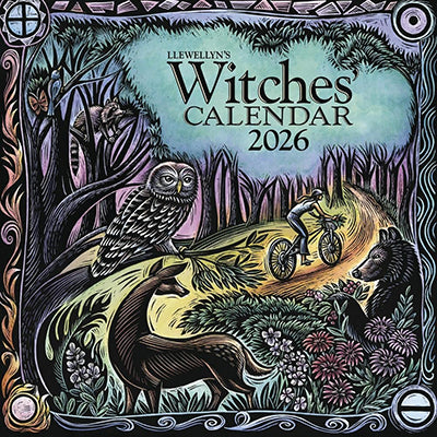 Wolf Moon Azure witch planner 2026 book cover woodland scene with owl fox bear cyclist mystical illustration