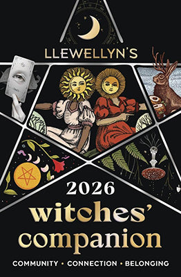 Llewellyn witch almanac 2026 book cover with sun and moon faces tarot cards deer and herbal imagery