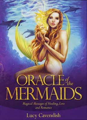 Book cover of Oracle of the Mermaids deck showing a golden haired mermaid holding a shell purple background