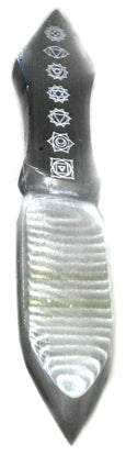 Wolf Moon Azure selenite chakra athame black ceremonial blade with engraved chakra symbols and ribbed selenite handle