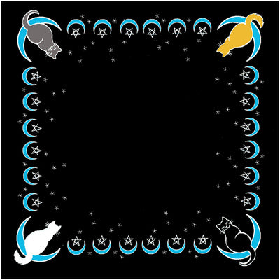 Black moon cat altar cloth with turquoise crescent moon border and four colored cats in corners
