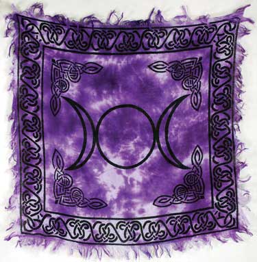 Purple tie dye triple moon altar cloth with black Celtic knot border and fringed edges by wolf moon azure