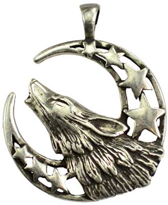 howling wolf moon amulet silver crescent pendant with detailed howling wolf and stars by Wolf Moon Azure