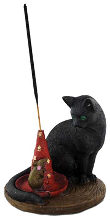 Magical cat incense holder featuring a black cat with green eyes and a whimsical wizard hat design