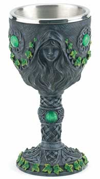 Decorative maiden mother crone chalice with intricate green accents and elegant design