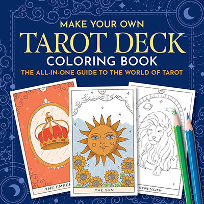 Make your own tarot deck kit coloring book with tarot cards and colored pencils on a blue mystical background