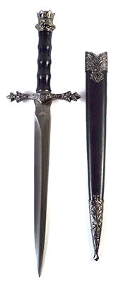 Wolf Moon Azure 12 inch medieval sword pendant with ornate silver hilt black handle and scabbard