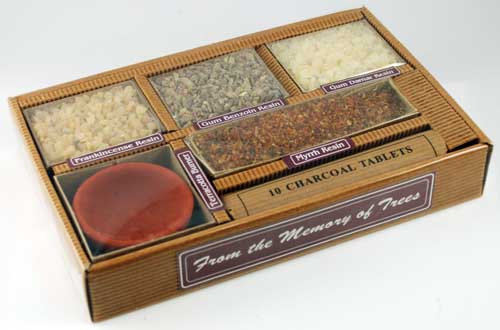 Wolf Moon Azure Resin Incense Starter Kit with assorted resins and charcoal tablets for aromatic experiences
