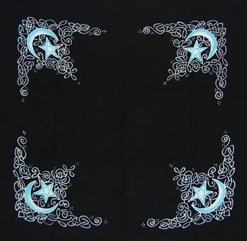 Celtic moon altar cloth black square with pale blue crescent moons and pentacle stars in knotwork corners