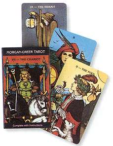 Morgan-Greer tarot deck cards featuring The Chariot, The Hermit, The High Priestess, and The Fool