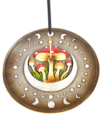 Mushroom incense burner featuring colorful mushrooms surrounded by moon phases for a mystical touch