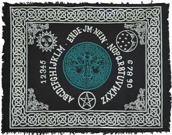 Tree of Life Ouija board altar cloth by wolf moon azure, black cloth with teal Tree of Life, letters, sun, moon, pentagram fringe