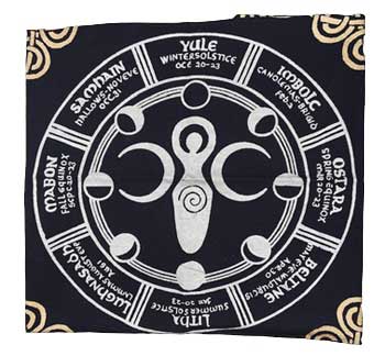 Earth Goddess altar cloth in black with white triple moon goddess and Wheel of the Year sabbat symbols