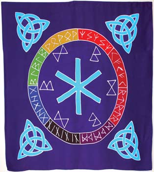 Wolf Moon Azure rune altar cloth purple fabric with multicolor rune circle central blue star and Celtic knots