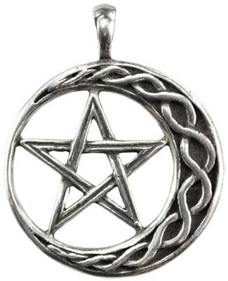 Wolf Moon Azure silver pentagram pendant with Celtic knot crescent design Wicca stability amulet for protection and balance