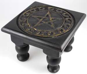 Wolf Moon Azure pentagram altar table square black wooden stool with carved pentagram top and turned legs