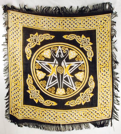 Wolf Moon Azure pentagram goddess altar cloth black and gold Celtic knot border with fringe