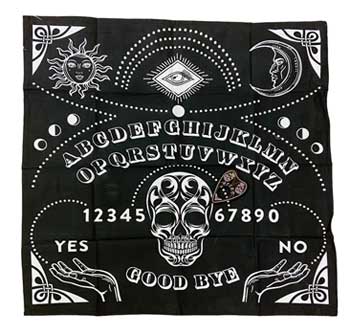 Wolf Moon Azure large black Ouija board cloth with skull sun and moon design for tarot readings and altar use