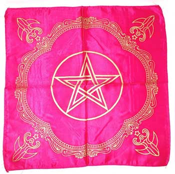 Wolf Moon Azure pink pentagram altar cloth with gold pentagram center and decorative gold corner motifs