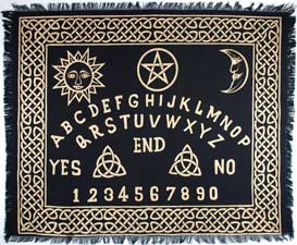 Wolf Moon Azure black and gold Ouija board altar cloth with sun moon symbols pentagram letters numbers fringe