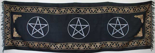 wolf moon azure pentagram altar cloth black rectangular fabric with three white pentagrams and gold Celtic border