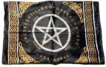Wolf Moon Azure pentagram altar cloth black fabric with gold alphabet and numbers circle and Celtic knot border