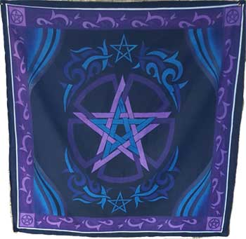 Wolf Moon Azure pentagram altar cloth purple and blue square cloth with central pentagram and ornate border for rituals