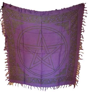 Purple fringed ritual cloth with central five point star and Celtic border pentagram altar cloth wolf moon azure
