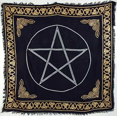 Wolf Moon Azure black altar cloth with white pentagram in circle featuring pentagram altar cloth gold border and fringe