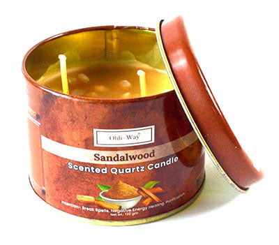 Sandalwood quartz candle in a round metal tin with two wicks and wooden lid from Wolfmoon.store