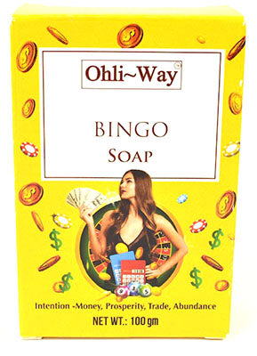 Bingo soap for money attraction in yellow packaging with images of coins and dollar signs
