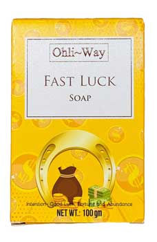 Ohli-Way Fast Luck soap for good fortune in yellow packaging with symbols of luck and abundance