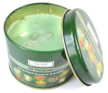 All Purpose scented quartz crystal candle for manifestation in green metal tin with lid