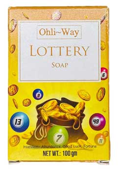 Wolf Moon Azure lottery soap for good luck with gold coins and colorful lottery balls on yellow packaging