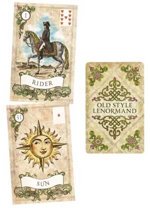 Old style Lenormand tarot deck book featuring vintage Rider and Sun cards with decorative floral back design