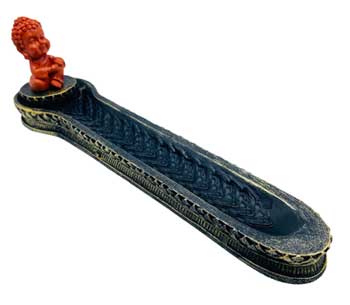 Orange Buddha incense burner made of ceramic with an elegant, intricate design for burning incense