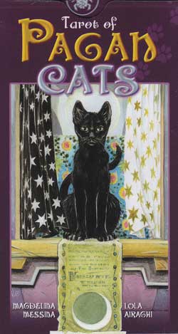 Tarot of Pagan Cats book cover featuring a black cat with mystical starry and moonlit curtains, Pagan Cats tarot deck