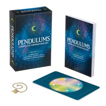 Pendulum divination kit featuring pendulums, illustrated chart, and guidebook for intuitive readings