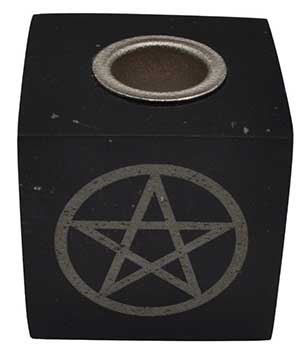 Wolf Moon Azure pentagram candle holder in black with an engraved pentagram design
