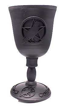 Black pentagram chalice for rituals featuring a raven design and intricate details on the base