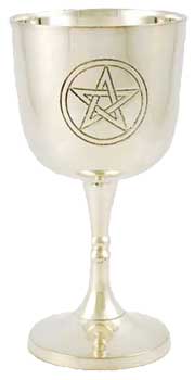 Silver pentagram chalice for rituals featuring an engraved pentagram symbol on the bowl