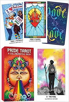 Pride Tarot deck featuring colorful illustrated cards including The Fool and Three of Pentacles