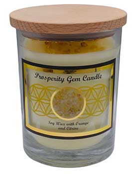 Prosperity gemstone candle in glass jar with wooden lid featuring soy wax and citrus scent