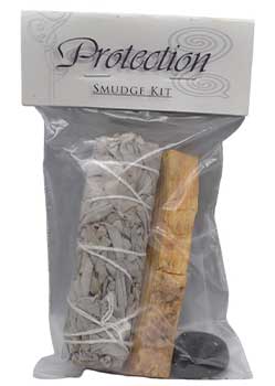 Wolf Moon Azure Protection Smudge Kit featuring sage, palo santo, and a black stone for cleansing rituals