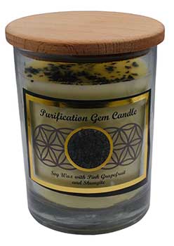 Purification gemstone candle in glass jar with wooden lid featuring pink grapefruit and shungite scent