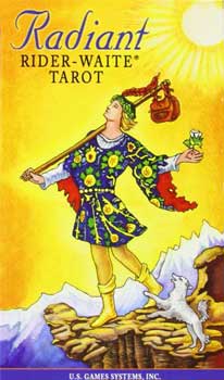 Radiant Rider-Waite Tarot deck card featuring The Fool with bright yellow background