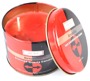 Reversible quartz candle tin with red scented candle and removable lid from Wolfmoon.store