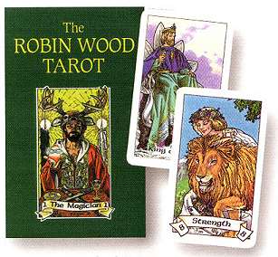 Robin Wood Tarot deck box with The Magician and Strength tarot cards displayed on green background