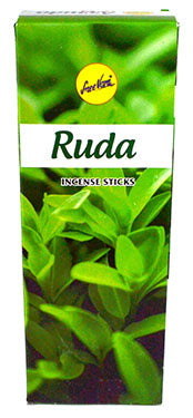 Ruda incense sticks box by Wolf Moon Azure featuring vibrant green packaging and herbal design